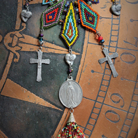 If you Knew Necklace w/Hand Loomed Seed Bead Findings,Vintage French Marian Medal,Crosses,Sacred Hearts,Seed Bead Tassel,Sterling Link Chain