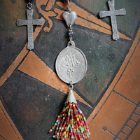 If you Knew Necklace w/Hand Loomed Seed Bead Findings,Vintage French Marian Medal,Crosses,Sacred Hearts,Seed Bead Tassel,Sterling Link Chain