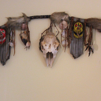 NEW! Authentic Native American Animal Spirit Wall Piece with Ram Skull,Jaw,Horn and Hoof, Beaded Findings, Shells, Leather and Carved Wood