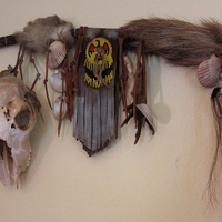 NEW! Authentic Native American Animal Spirit Wall Piece with Ram Skull,Jaw,Horn and Hoof, Beaded Findings, Shells, Leather and Carved Wood