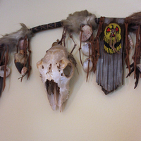 NEW! Authentic Native American Animal Spirit Wall Piece with Ram Skull,Jaw,Horn and Hoof, Beaded Findings, Shells, Leather and Carved Wood