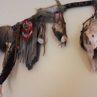 NEW! Authentic Native American Animal Spirit Wall Piece with Ram Skull,Jaw,Horn and Hoof, Beaded Findings, Shells, Leather and Carved Wood