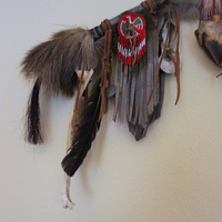 NEW! Authentic Native American Animal Spirit Wall Piece with Ram Skull,Jaw,Horn and Hoof, Beaded Findings, Shells, Leather and Carved Wood