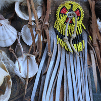 NEW! Authentic Native American Animal Spirit Wall Piece with Ram Skull,Jaw,Horn and Hoof, Beaded Findings, Shells, Leather and Carved Wood
