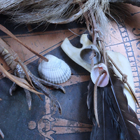 NEW! Authentic Native American Animal Spirit Wall Piece with Ram Skull,Jaw,Horn and Hoof, Beaded Findings, Shells, Leather and Carved Wood