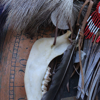 NEW! Authentic Native American Animal Spirit Wall Piece with Ram Skull,Jaw,Horn and Hoof, Beaded Findings, Shells, Leather and Carved Wood