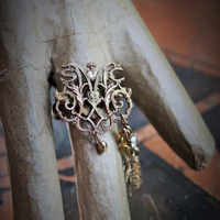 Spiritus Sancti Ring w/Antique Holy Spirit Dove,Antique Sterling Vermeil Cross,Gold Fill Chain Tassel,Vintage Faceted Rhinestone Connector