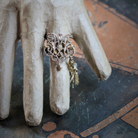 Spiritus Sancti Ring w/Antique Holy Spirit Dove,Antique Sterling Vermeil Cross,Gold Fill Chain Tassel,Vintage Faceted Rhinestone Connector