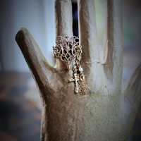 Spiritus Sancti Ring w/Antique Holy Spirit Dove,Antique Sterling Vermeil Cross,Gold Fill Chain Tassel,Vintage Faceted Rhinestone Connector