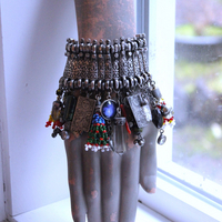 NEW! Fully Loaded Antique Kuchi Gypsy Silver Bracelet w/Sterling Engraved The Sun & The Moon Tarot Charms, Sterling capped Clear Quartz Point,Green Tourmaline Gemstone & Much More!