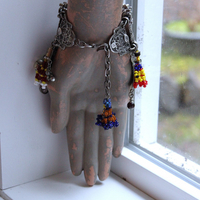 NEW! Fully Loaded Antique Kuchi Gypsy Silver Bracelet w/Sterling Engraved The Sun & The Moon Tarot Charms, Sterling capped Clear Quartz Point,Green Tourmaline Gemstone & Much More!