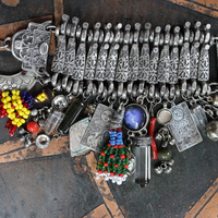 NEW! Fully Loaded Antique Kuchi Gypsy Silver Bracelet w/Sterling Engraved The Sun & The Moon Tarot Charms, Sterling capped Clear Quartz Point,Green Tourmaline Gemstone & Much More!