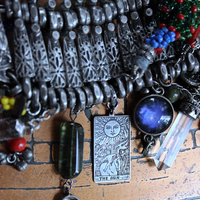 NEW! Fully Loaded Antique Kuchi Gypsy Silver Bracelet w/Sterling Engraved The Sun & The Moon Tarot Charms, Sterling capped Clear Quartz Point,Green Tourmaline Gemstone & Much More!