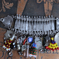 NEW! Fully Loaded Antique Kuchi Gypsy Silver Bracelet w/Sterling Engraved The Sun & The Moon Tarot Charms, Sterling capped Clear Quartz Point,Green Tourmaline Gemstone & Much More!