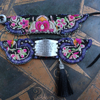 NEW! And the Day Came Bracelet Set with Antique Embroidered Hmong Textile, Engraved Metal Plate, Silk Tassel & Silver Beads