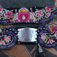 NEW! And the Day Came Bracelet Set with Antique Embroidered Hmong Textile, Engraved Metal Plate, Silk Tassel & Silver Beads