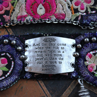NEW! And the Day Came Bracelet Set with Antique Embroidered Hmong Textile, Engraved Metal Plate, Silk Tassel & Silver Beads