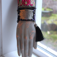 NEW! And the Day Came Bracelet Set with Antique Embroidered Hmong Textile, Engraved Metal Plate, Silk Tassel & Silver Beads