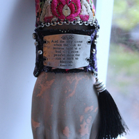 NEW! And the Day Came Bracelet Set with Antique Embroidered Hmong Textile, Engraved Metal Plate, Silk Tassel & Silver Beads
