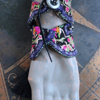 NEW! And the Day Came Bracelet Set with Antique Embroidered Hmong Textile, Engraved Metal Plate, Silk Tassel & Silver Beads