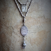 All the Holy Angels Necklace w/AMAZING Antique Omnes Sancti Angeli Medal,Antique Faceted Sterling Beads,Antique French Scapular Finding