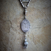 All the Holy Angels Necklace w/AMAZING Antique Omnes Sancti Angeli Medal,Antique Faceted Sterling Beads,Antique French Scapular Finding