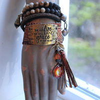 Fire in Her Soul Bracelet with Antique Hand Carved Leather Cuff,Engraved Metal Finding,Leather Tassel,Solar Eclipse Dangle,Carved Carnelian & More!