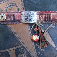 Fire in Her Soul Bracelet with Antique Hand Carved Leather Cuff,Engraved Metal Finding,Leather Tassel,Solar Eclipse Dangle,Carved Carnelian & More!