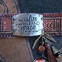 Fire in Her Soul Bracelet with Antique Hand Carved Leather Cuff,Engraved Metal Finding,Leather Tassel,Solar Eclipse Dangle,Carved Carnelian & More!