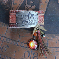 Fire in Her Soul Bracelet with Antique Hand Carved Leather Cuff,Engraved Metal Finding,Leather Tassel,Solar Eclipse Dangle,Carved Carnelian & More!