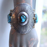 NEW! Gorgeous Sterling & Gold Bisbee Turquoise Signed Cuff Bracelet with Sterling Tassel & 14K Bead