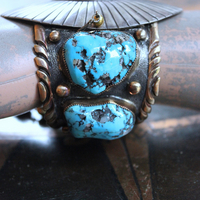 NEW! Gorgeous Sterling & Gold Bisbee Turquoise Signed Cuff Bracelet with Sterling Tassel & 14K Bead