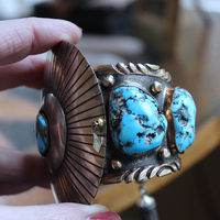 NEW! Gorgeous Sterling & Gold Bisbee Turquoise Signed Cuff Bracelet with Sterling Tassel & 14K Bead