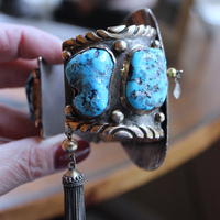 NEW! Gorgeous Sterling & Gold Bisbee Turquoise Signed Cuff Bracelet with Sterling Tassel & 14K Bead