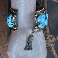 NEW! Gorgeous Sterling & Gold Bisbee Turquoise Signed Cuff Bracelet with Sterling Tassel & 14K Bead
