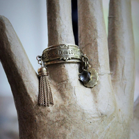 Our Lady Ring w/Antique French Souvenir de Notre Dame de Lourdes Plaque,10K Gold Band,Tiny Antique Gilt Marian Medal,Antique Tassel & Prong Set Crystal