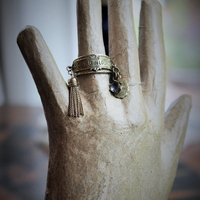 Our Lady Ring w/Antique French Souvenir de Notre Dame de Lourdes Plaque,10K Gold Band,Tiny Antique Gilt Marian Medal,Antique Tassel & Prong Set Crystal