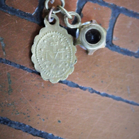 Our Lady Ring w/Antique French Souvenir de Notre Dame de Lourdes Plaque,10K Gold Band,Tiny Antique Gilt Marian Medal,Antique Tassel & Prong Set Crystal