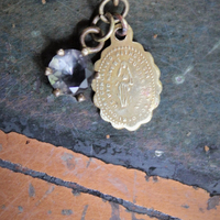 Our Lady Ring w/Antique French Souvenir de Notre Dame de Lourdes Plaque,10K Gold Band,Tiny Antique Gilt Marian Medal,Antique Tassel & Prong Set Crystal