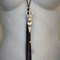 So Many Pains Necklace w/Amazing Bronze Pierced Heart and Sword Pendant,Leather Tassel, Leather Ties
