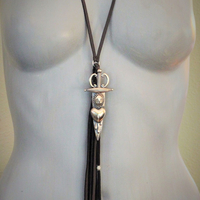 So Many Pains Necklace w/Amazing Bronze Pierced Heart and Sword Pendant,Leather Tassel, Leather Ties