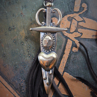 So Many Pains Necklace w/Amazing Bronze Pierced Heart and Sword Pendant,Leather Tassel, Leather Ties