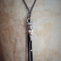 So Many Pains Necklace w/Amazing Bronze Pierced Heart and Sword Pendant,Leather Tassel, Leather Ties
