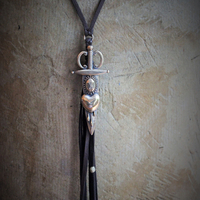 So Many Pains Necklace w/Amazing Bronze Pierced Heart and Sword Pendant,Leather Tassel, Leather Ties