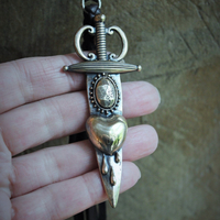 So Many Pains Necklace w/Amazing Bronze Pierced Heart and Sword Pendant,Leather Tassel, Leather Ties