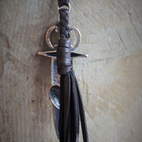 So Many Pains Necklace w/Amazing Bronze Pierced Heart and Sword Pendant,Leather Tassel, Leather Ties