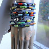 NEW! 7 Coil Antique Glass Mardi Gras Bead and Silver Findings Bracelet