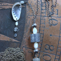 NEW! The Cure for Anything Necklace with Rare Anne Choi Sterling Bead, Multi Chain Tassel, Faceted White Topaz Tear Drop & Tiny Abalone Shell