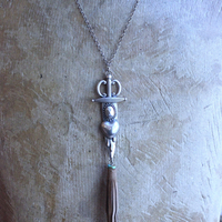 NEW! The Light Necklace & Cuff Bracelet Set with Sterling Belcher Chain, Unique Leather Cuff & Tassel, Two Wounded Heart Medals