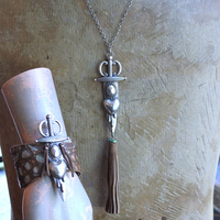 NEW! The Light Necklace & Cuff Bracelet Set with Sterling Belcher Chain, Unique Leather Cuff & Tassel, Two Wounded Heart Medals